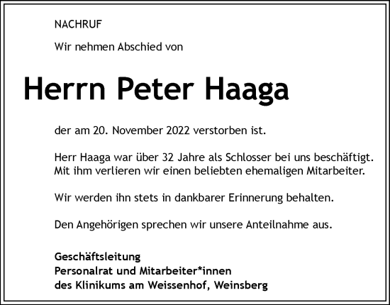 Traueranzeige von Peter Haaga von Heilbronner Stimme