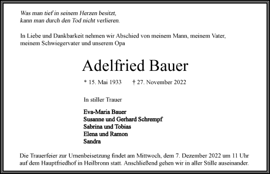 Traueranzeige von Adelfried Bauer von Heilbronner Stimme