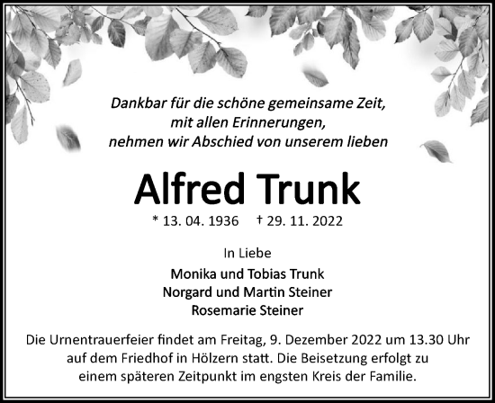 Traueranzeige von Alfred Trunk von Heilbronner Stimme