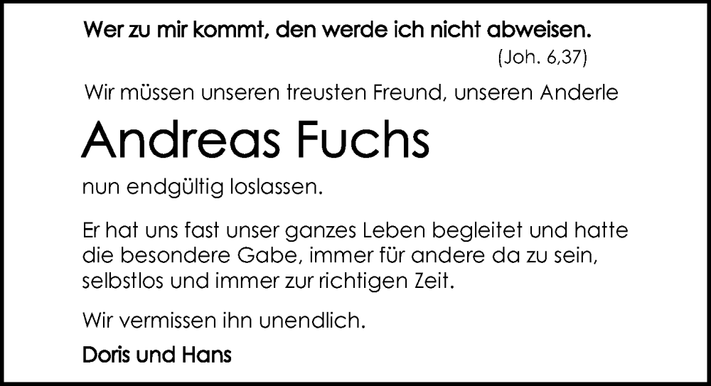  Traueranzeige für Andreas Fuchs vom 17.12.2022 aus GESAMT