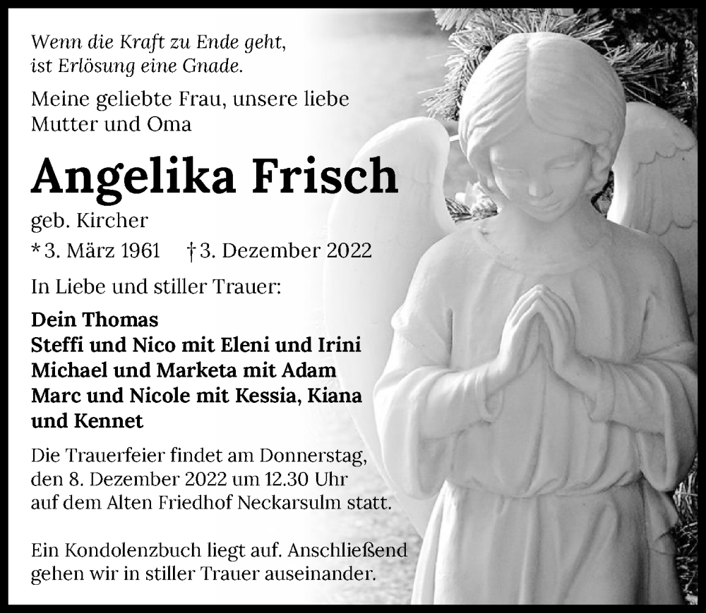  Traueranzeige für Angelika Frisch vom 07.12.2022 aus GESAMT