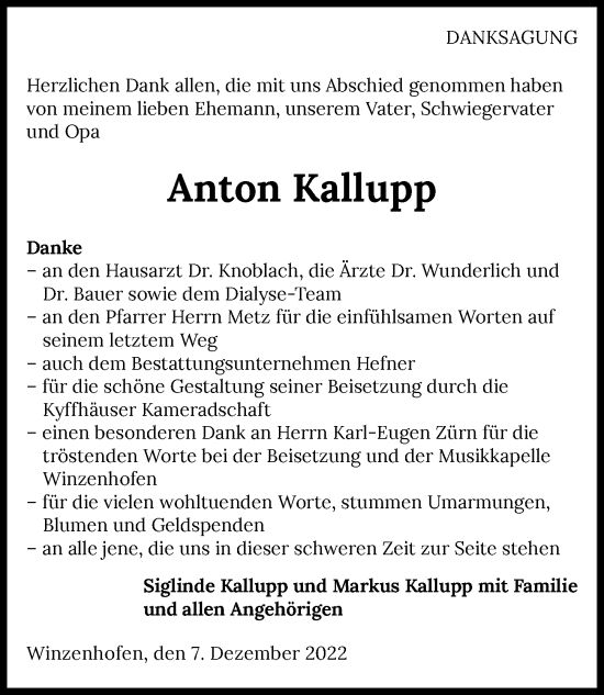 Traueranzeige von Anton Kallupp von GESAMT