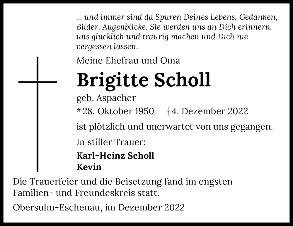  Traueranzeige für Brigitte Scholl vom 17.12.2022 aus GESAMT