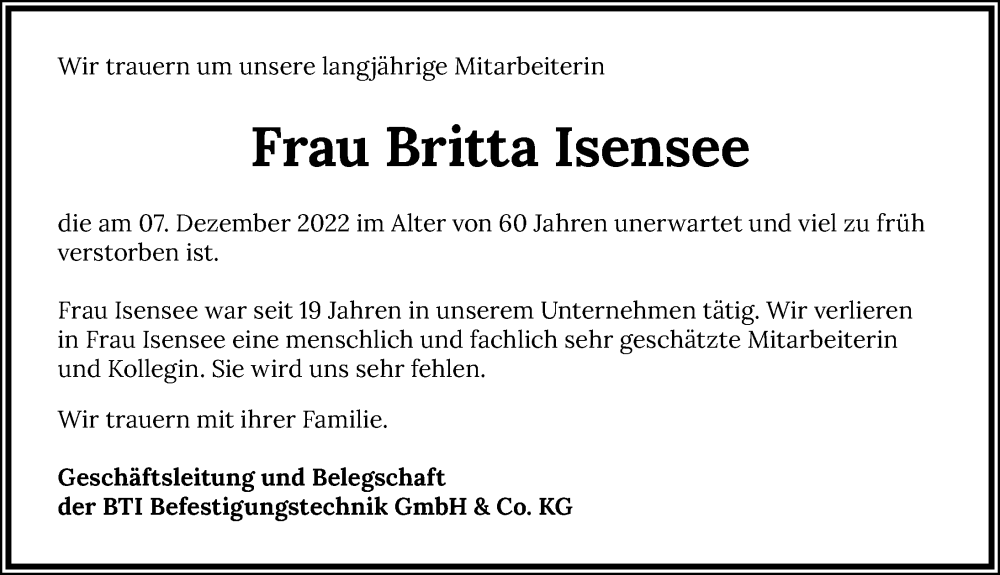  Traueranzeige für Britta Isensee vom 14.12.2022 aus GESAMT