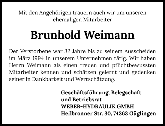 Traueranzeige von Brunhold Weimann von Heilbronner Stimme