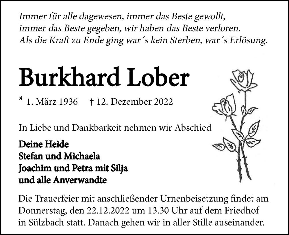  Traueranzeige für Burkhard Lober vom 17.12.2022 aus GESAMT