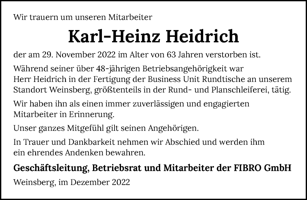  Traueranzeige für Karl-Heinz Heidrich vom 07.12.2022 aus 