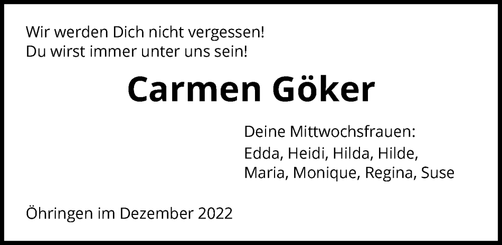  Traueranzeige für Carmen Göker vom 17.12.2022 aus GESAMT