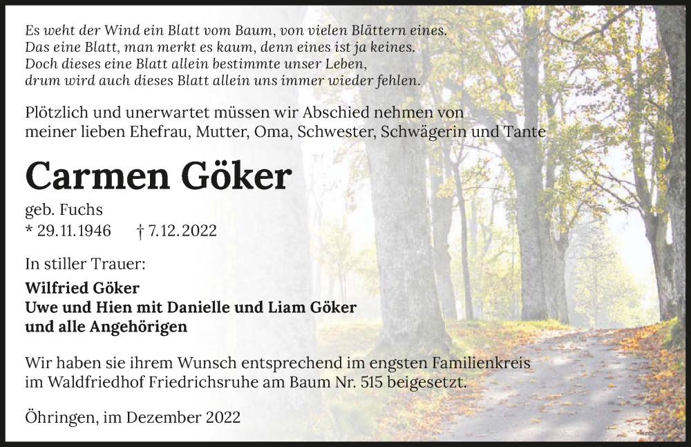  Traueranzeige für Carmen Göker vom 17.12.2022 aus GESAMT