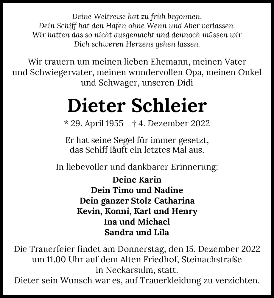  Traueranzeige für Dieter Schleier vom 10.12.2022 aus GESAMT