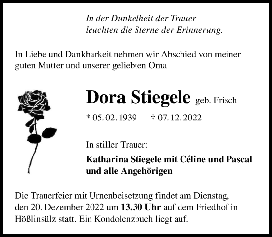 Traueranzeige von Dora Stiegele von GESAMT