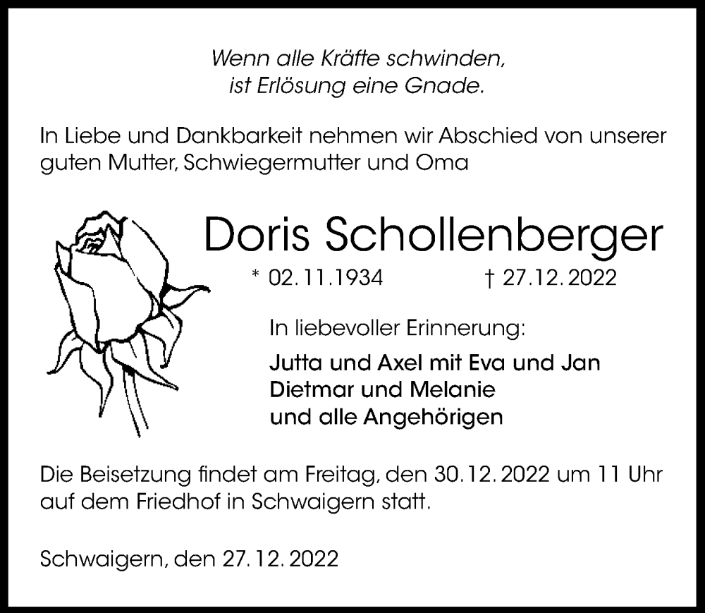  Traueranzeige für Doris Schollenberger vom 28.12.2022 aus GESAMT