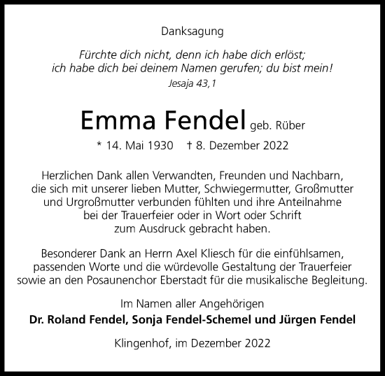 Traueranzeige von Emma Fendel von GESAMT