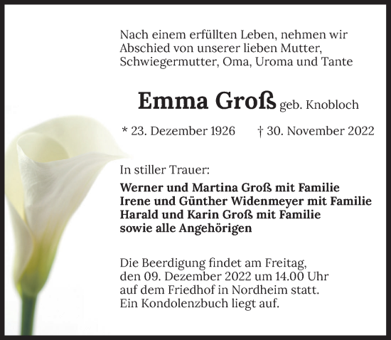 Traueranzeige von Emma Groß von Heilbronner Stimme