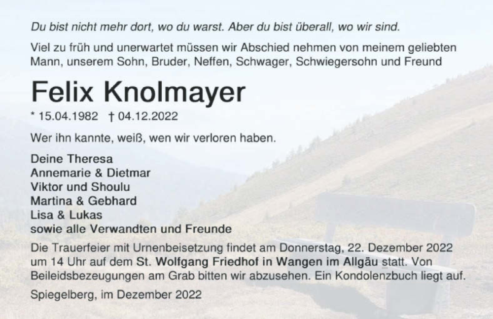  Traueranzeige für Felix Knolmayer vom 17.12.2022 aus GESAMT