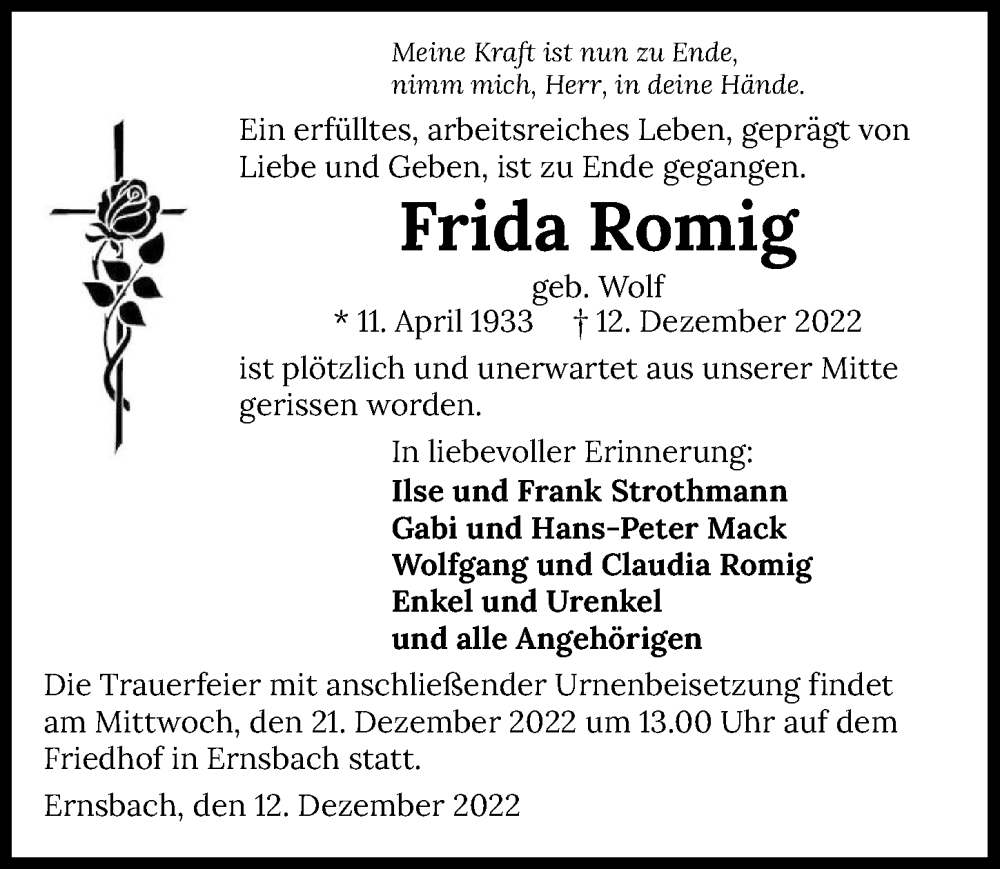  Traueranzeige für Frida Romig vom 19.12.2022 aus GESAMT