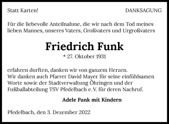 Traueranzeige von Friedrich Funk von Heilbronner Stimme