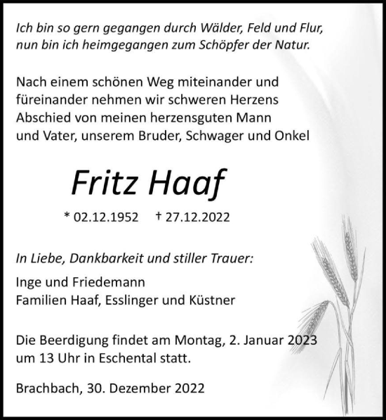 Traueranzeige von Fritz Haaf von GESAMT