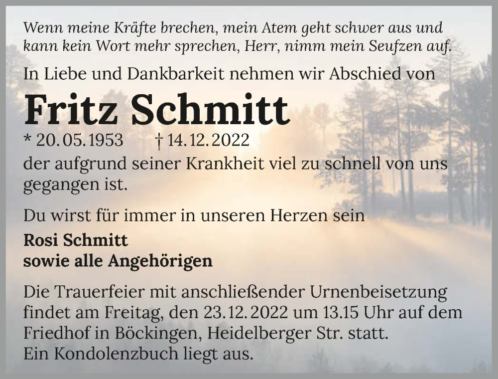  Traueranzeige für Fritz Schmitt vom 20.12.2022 aus GESAMT