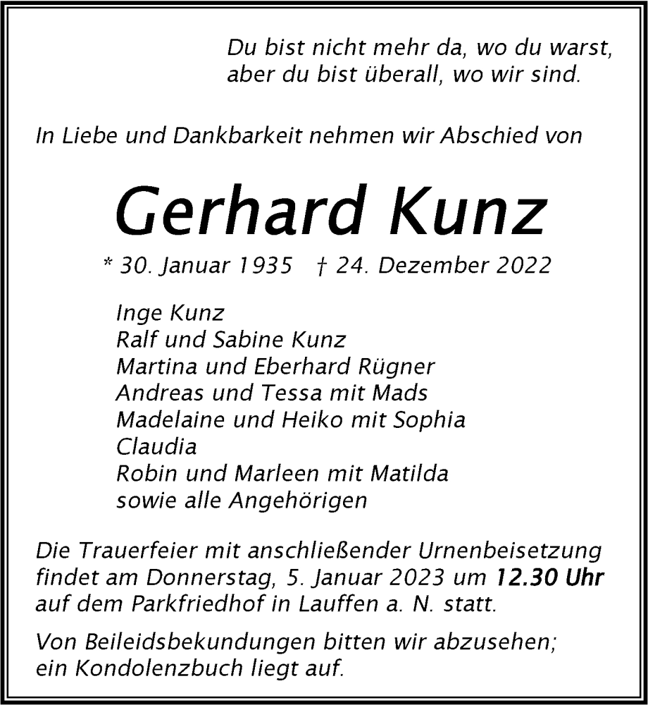  Traueranzeige für Gerhard Kunz vom 31.12.2022 aus GESAMT