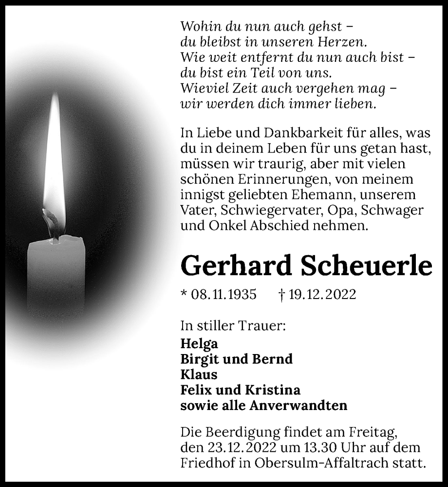  Traueranzeige für Gerhard Scheuerle vom 21.12.2022 aus HAUPT