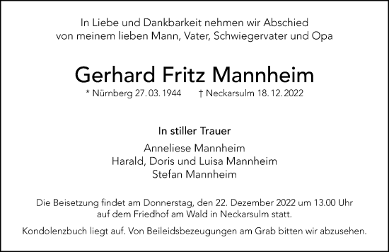 Traueranzeige von Gerhard Fritz Mannheim von GESAMT