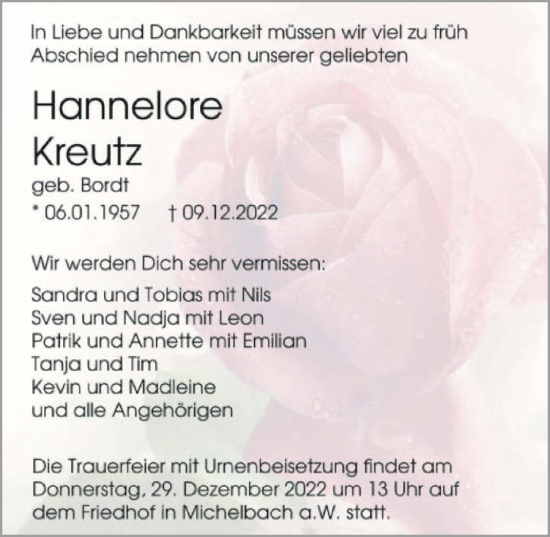 Traueranzeige von Hannelore Kreutz von GESAMT