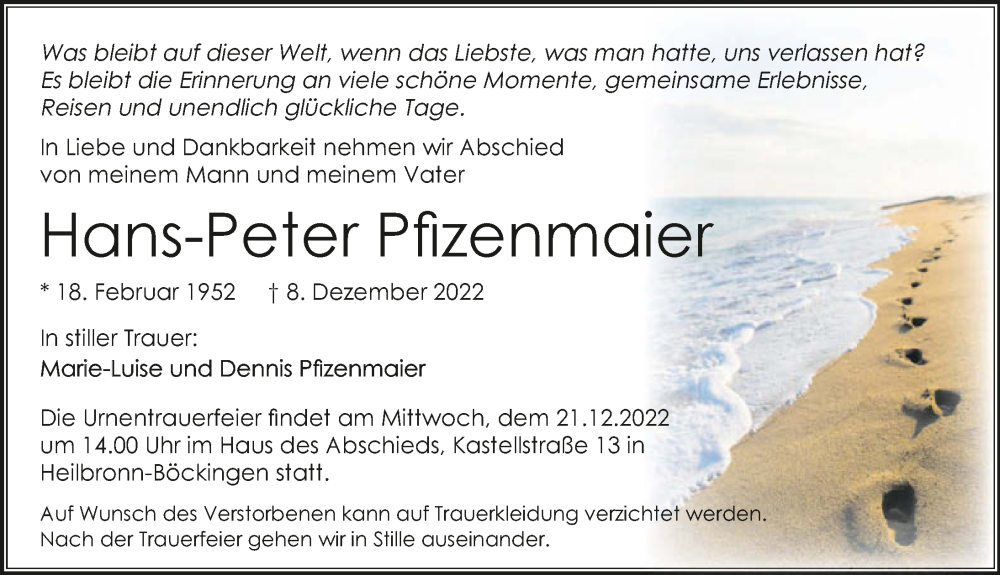  Traueranzeige für Hans-Peter Pfizenmaier vom 17.12.2022 aus GESAMT