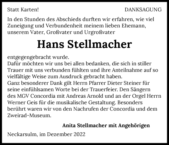 Traueranzeige von Hans Stellmacher von Heilbronner Stimme