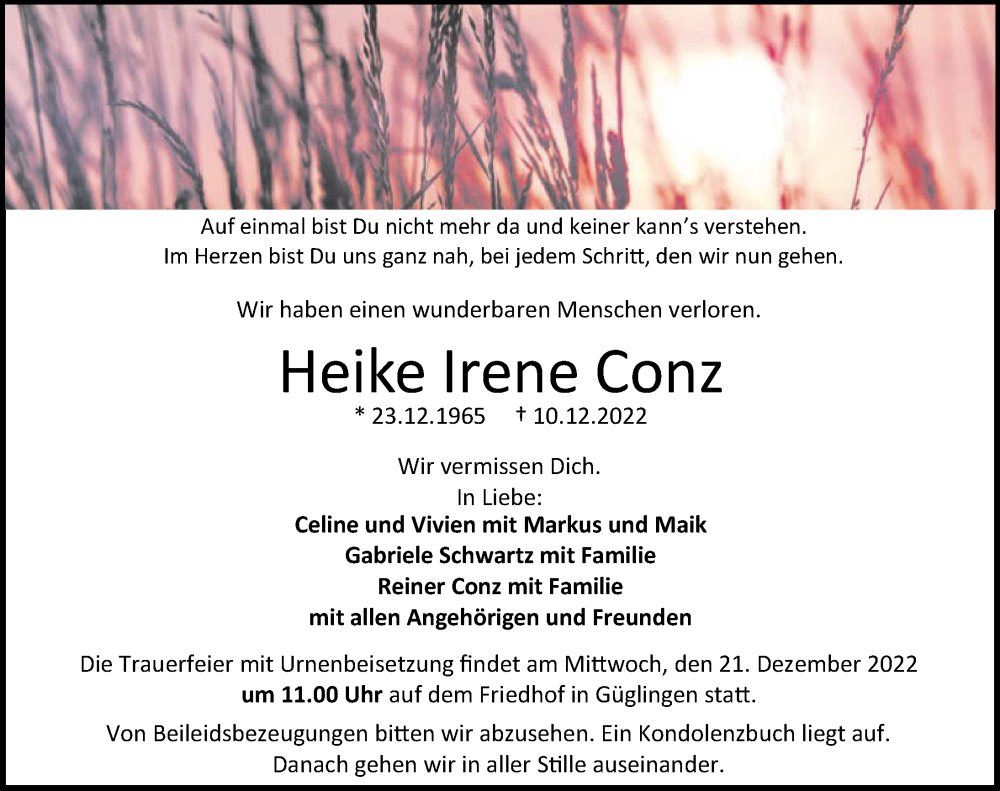  Traueranzeige für Heike Conz vom 17.12.2022 aus GESAMT