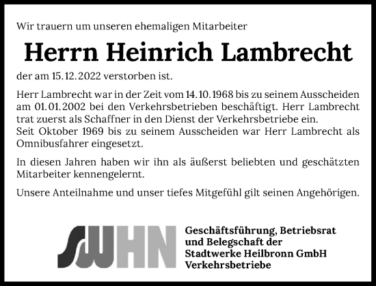 Traueranzeige von Heinrich Lambrecht von GESAMT