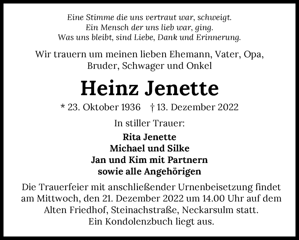  Traueranzeige für Heinz Jenette vom 17.12.2022 aus GESAMT