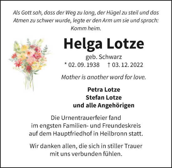 Traueranzeige von Helga Lotze von GESAMT