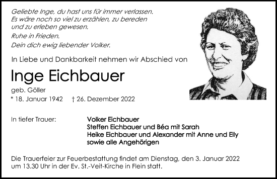 Traueranzeige von Inge Eichbauer von HAUPT