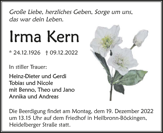 Traueranzeige von Irma Kern von GESAMT