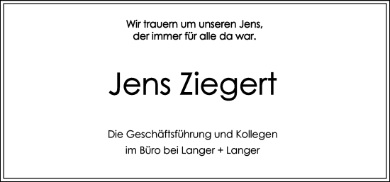 Traueranzeige von Jens Ziegert von GESAMT