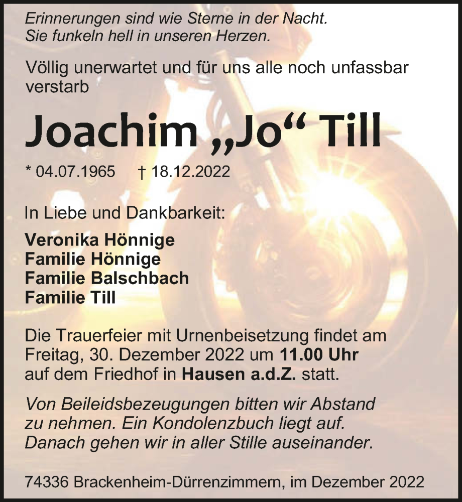  Traueranzeige für Joachim Till vom 24.12.2022 aus GESAMT