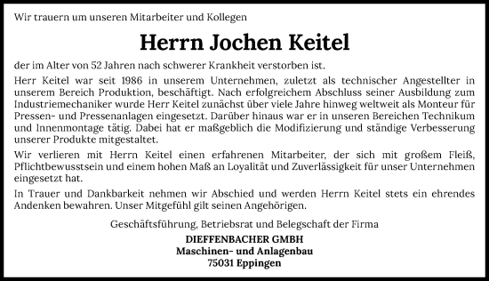 Traueranzeige von Jochen Keitel von GESAMT