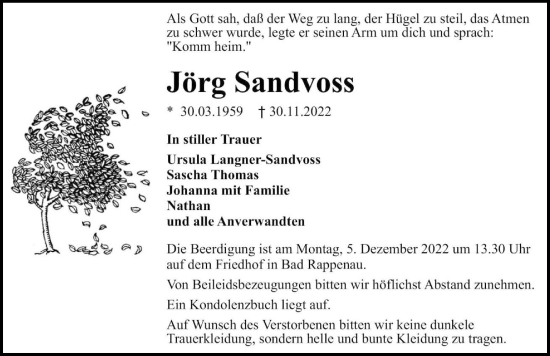 Traueranzeige von Jörg Sandvoss von Heilbronner Stimme