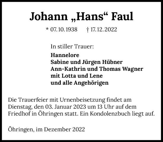 Traueranzeige von Johann Faul von GESAMT