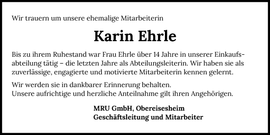 Traueranzeige von Karin Ehrle von GESAMT