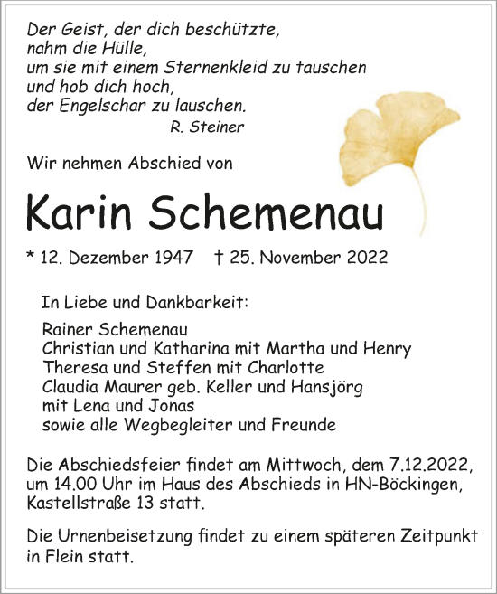 Traueranzeige von Karin Schemenau von Heilbronner Stimme