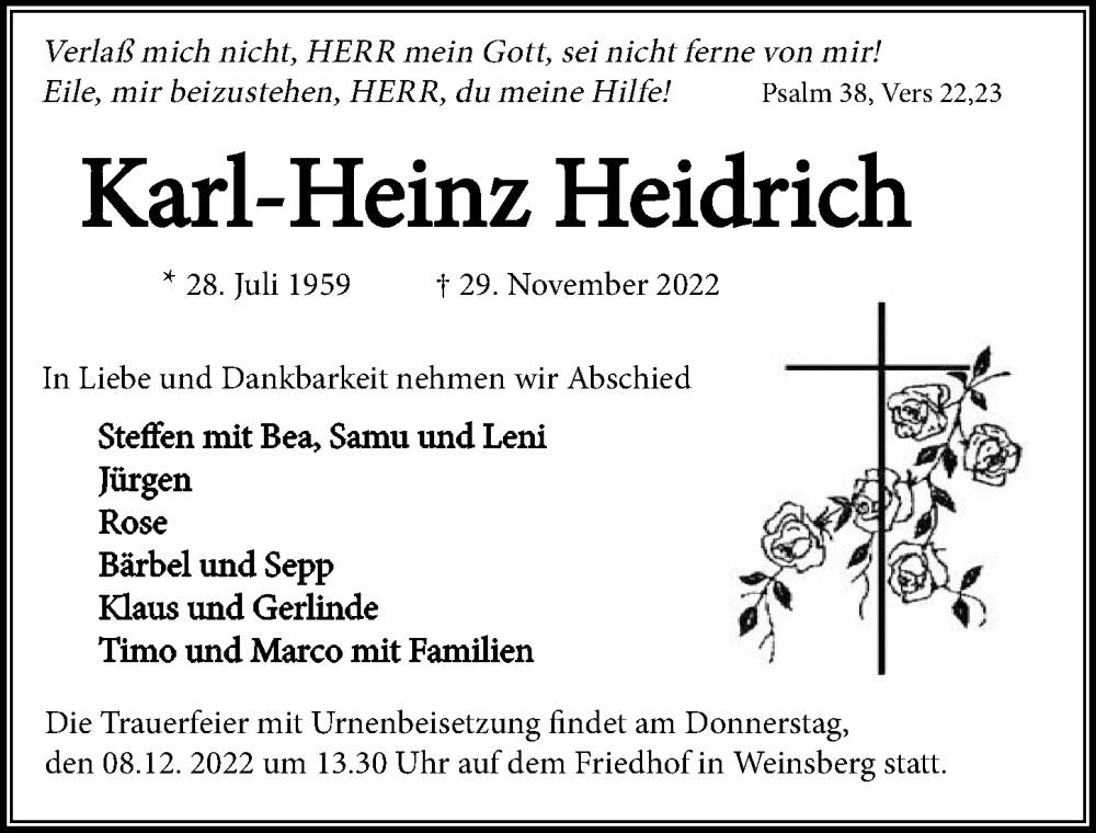  Traueranzeige für Karl-Heinz Heidrich vom 03.12.2022 aus Heilbronner Stimme