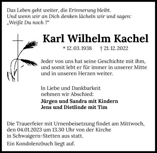 Traueranzeige von Karl Wilhelm Kachel von GESAMT