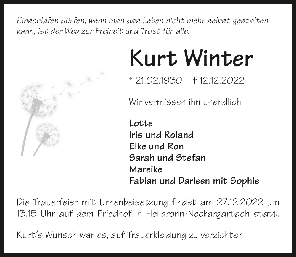  Traueranzeige für Kurt Winter vom 22.12.2022 aus GESAMT