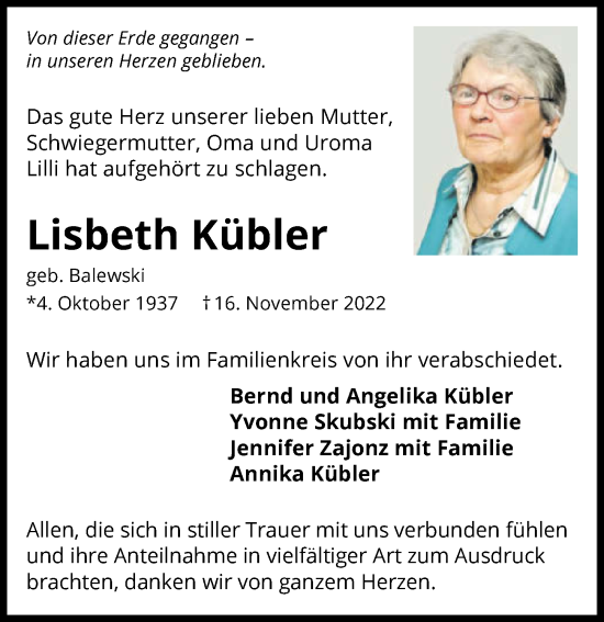 Traueranzeige von Lisbeth Kübler von Heilbronner Stimme