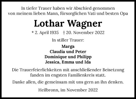 Traueranzeige von Lothar Wagner von Heilbronner Stimme