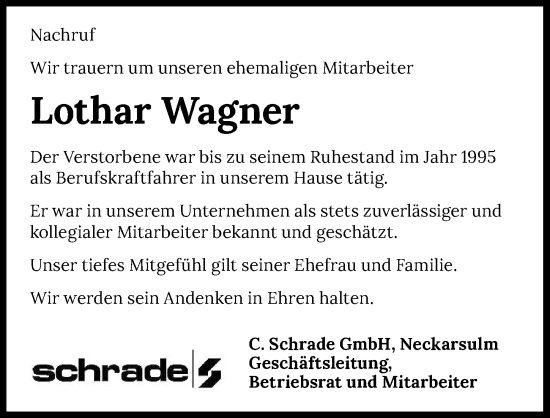 Traueranzeige von Lothar Wagner von GESAMT