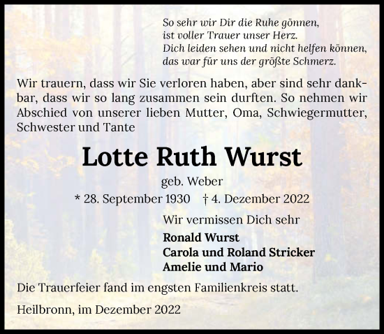 Traueranzeige von Lotte Ruth Wurst von GESAMT