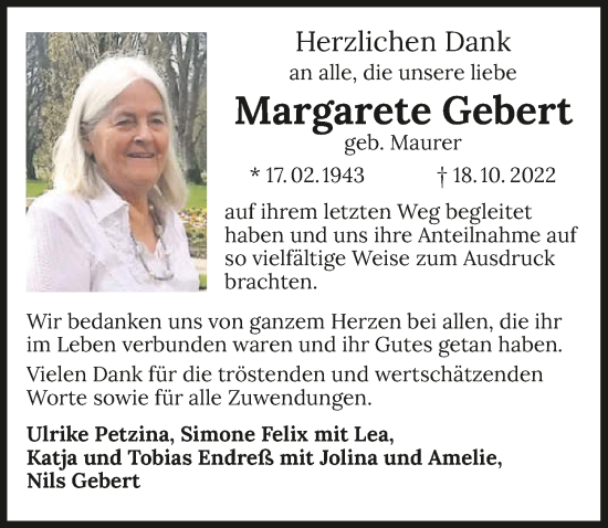 Traueranzeige von Margarete Gebert von GESAMT